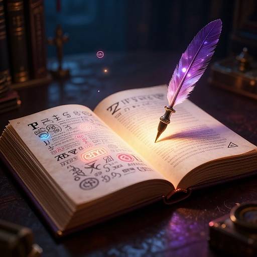 Photograph of an open magical book with glowing runes and symbols, illuminated by a purple feather quill with lights. Dark, mystical background with blurred books