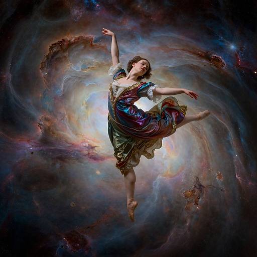 Photograph of a dancing woman in a colorful, flowing dress, floating against a vibrant, swirling cosmic background of blues, purples, and oranges.