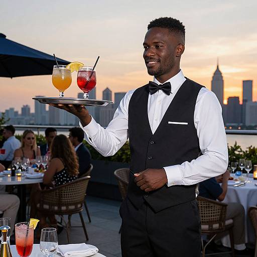 Elegant Rooftop Waiter Serving Drinks