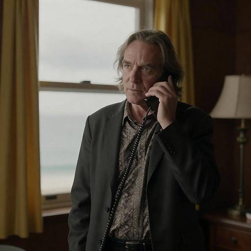 Middle-aged Man Using Corded Phone Indoors