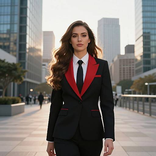 Photograph of a confident woman with long brown hair, wearing a black suit with red lapels, white shirt, and black tie, standing in a