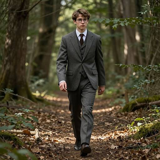 Photograph of a young man with glasses, brown hair, and fair skin, wearing a dark gray suit, white shirt, and black tie, walking