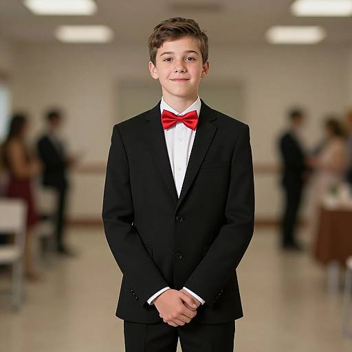 Photograph of a young Caucasian boy with short brown hair, wearing a black tuxedo and red bow tie, standing in a blurred, brightly lit