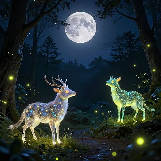 Mythical Nightscape with Glowing Creatures