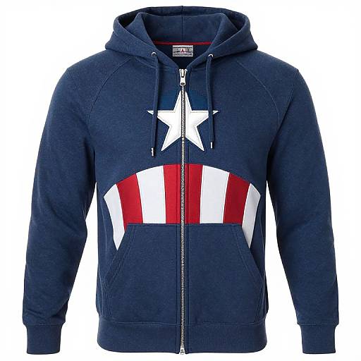 Photograph of a navy blue hoodie with a white star, red and white striped chest panel, and front zipper.