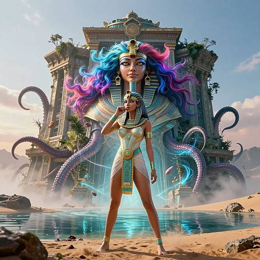 Digital art of a dark-skinned woman with vibrant blue and purple hair, Egyptian headdress, and golden jewelry, standing confidently in front of a mystical