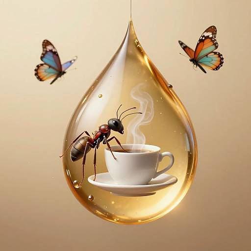 Photograph of a transparent teardrop-shaped bubble containing an ant on a white cup with steam, surrounded by two colorful butterflies.