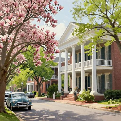 Photograph of a sunny suburban street with pink magnolia trees, classic white-columned brick houses, parked vintage cars, and lush greenery.