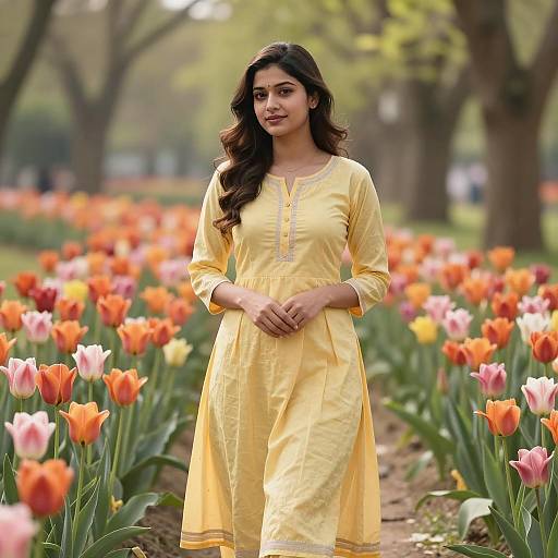Photorealistic Young Woman in Tulip Field
