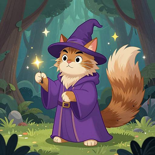 Cute cartoon cat in a purple wizard hat and robe, holding a glowing wand, standing in a magical forest.