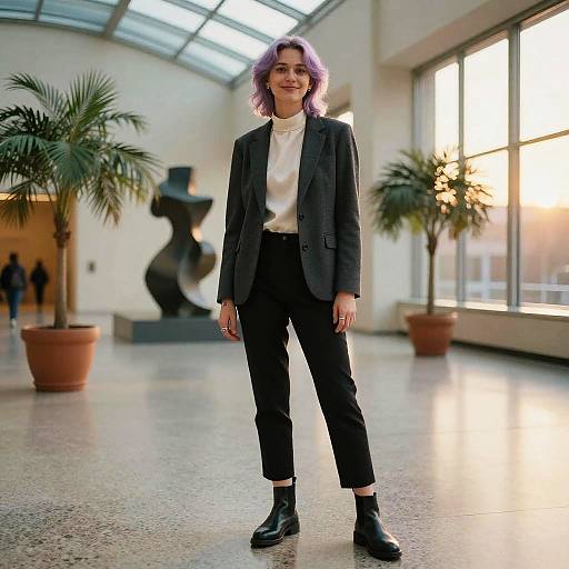 Confident Nonbinary Portrait in Sunlit Atrium