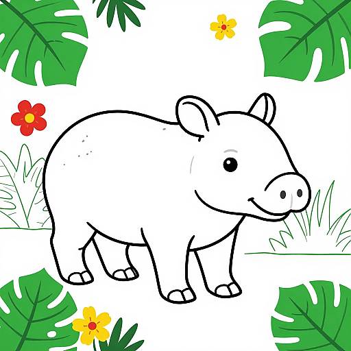 Colorful cartoon drawing of a happy pig with simple black lines, surrounded by green leaves, yellow and red flowers, and white background.