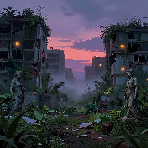 Digital artwork of a purple-pink sunset over overgrown, abandoned buildings with glowing yellow eyes, flanked by statues in ruins, surrounded by lush vegetation