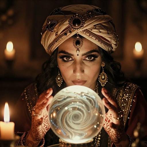 Photograph of a dark-haired woman with intricate henna designs, wearing a white turban with gold details, holding a swirling glass orb in dim candle