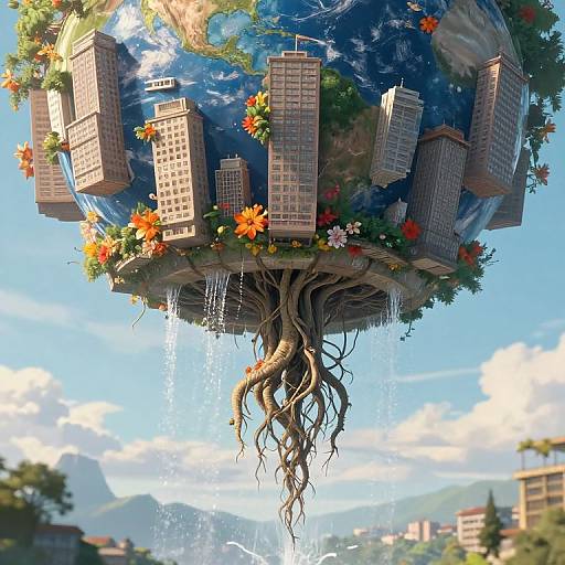Photorealistic digital artwork of a floating cityscape with skyscrapers, surrounded by flowers, earth, and roots, suspended above a blue sky.