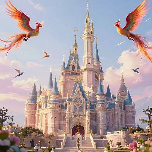 Digital illustration of a grand, pink and blue fairy-tale castle with tall spires, surrounded by vibrant, flying red phoenixes, under a clear
