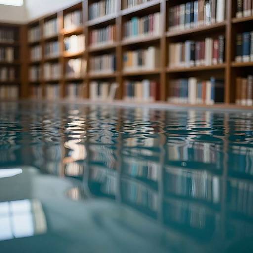 Photograph of a library with wooden bookshelves filled with books, reflected in a calm, rippling blue water surface.