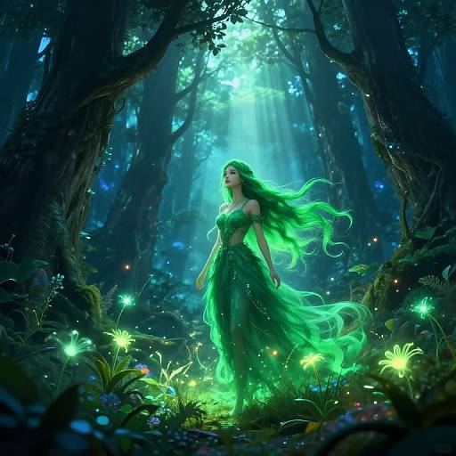 Digital art of a green-haired woman in a flowing green dress standing in a luminous, enchanted forest with glowing fireflies and sunlight filtering through the trees