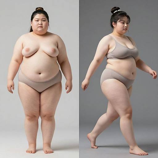 Photograph of a plus-size Asian woman with light skin, black hair in a bun, wearing beige underwear, standing and walking, showing her full figure