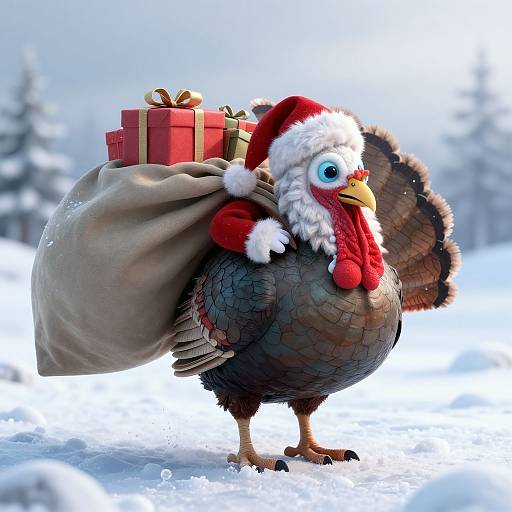 Digital illustration of a cute, cartoon turkey in a Santa hat, carrying a sack of red and gold gifts in snowy landscape.