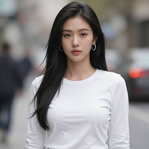 Photograph of an Asian woman with long black hair, wearing a white long-sleeve shirt and hoop earrings, standing in a blurred urban street background