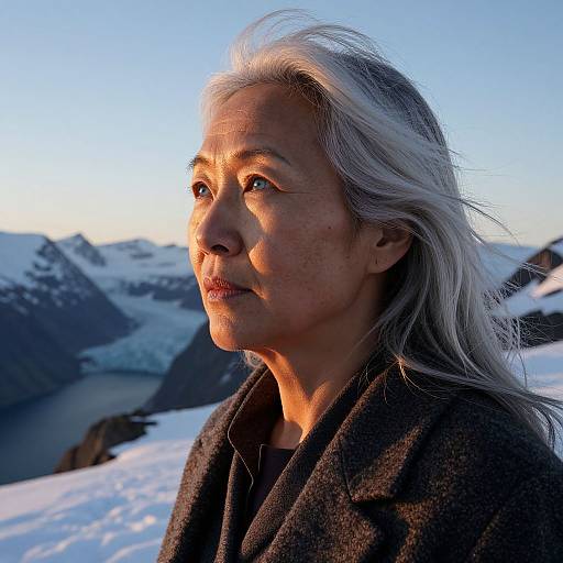 Photograph of an elderly woman with long white hair, wearing a dark coat, standing in snowy mountains at sunset, gazing to the side.