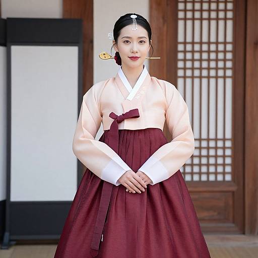 Photograph of an Asian woman in traditional Korean hanbok, white blouse, maroon skirt, black hair, wooden door, and shoji screen