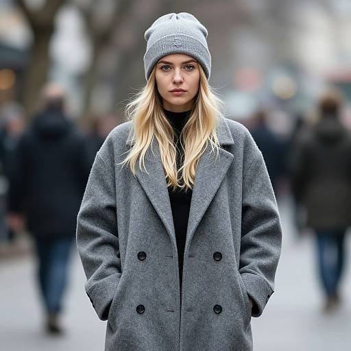 Photograph of a blonde woman with blue eyes, wearing a grey beanie and double-breasted grey coat, standing in a blurred urban street.