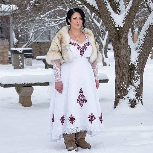 Snowy outdoor photograph of a fair-skinned woman with black hair, wearing a white lace dress with red floral patterns, fur jacket, and brown boots