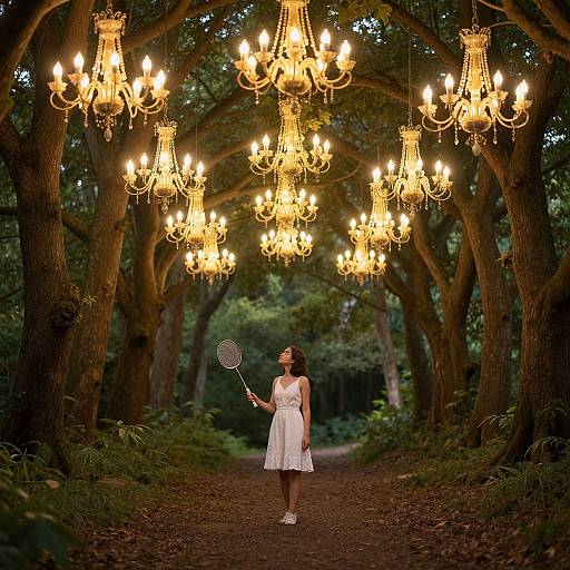Photograph of a woman in a white dress, holding a tennis racket, standing under glowing chandeliers in a forest path.