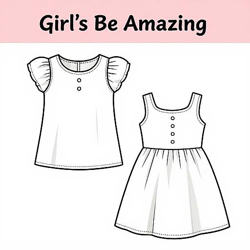 Black and white digital drawing of a girl's sleeveless dress with short puffed sleeves and buttoned front, labeled 