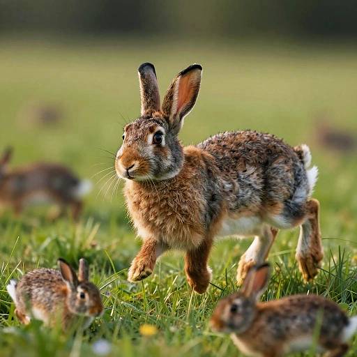 Photograph of a brown and white rabbit with alert ears, mid-hop in a sunlit, grassy meadow with several other rabbits in the blurred