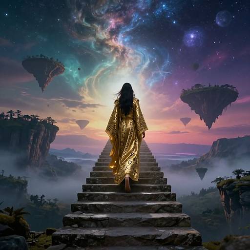 Digital art: A woman with long black hair, in a golden, patterned robe, stands on stone steps, facing a cosmic sunset with floating islands