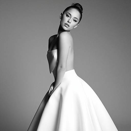 High-contrast black-and-white photograph of a poised woman with dark hair in an elegant updo, wearing an off-shoulder, white, full