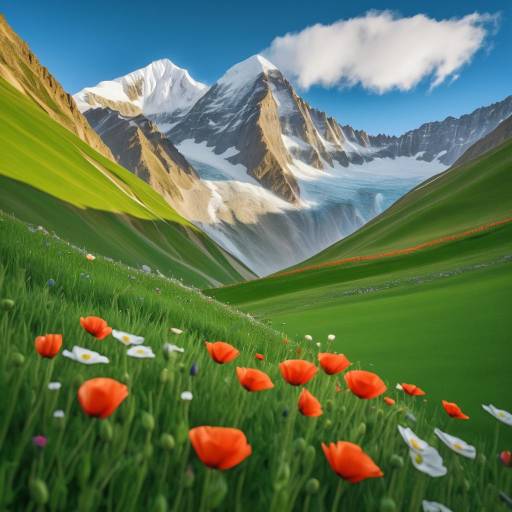 Mountain valley with wildflowers and glacier