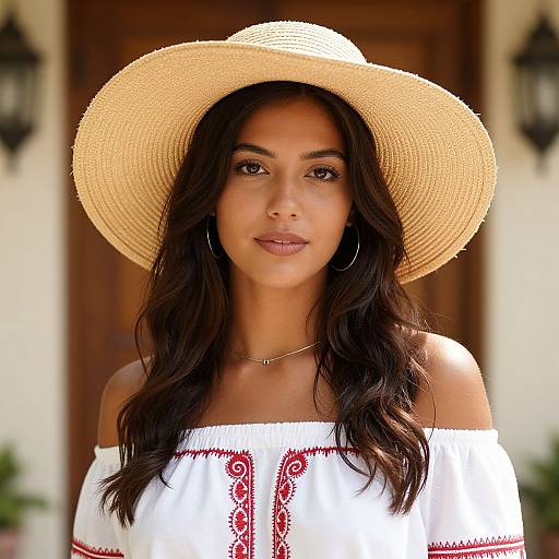 Photograph of a young woman with medium brown skin, long dark hair, wearing a straw hat, off-shoulder white top with red embroidery,