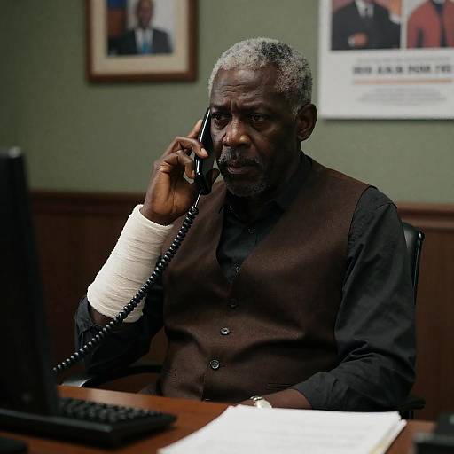 Middle-aged man with bandaged wrist on phone in office