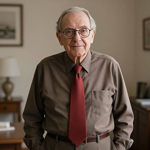 Photograph of an elderly man with gray hair, glasses, and a red tie, wearing a brown shirt, standing in a softly lit room with framed