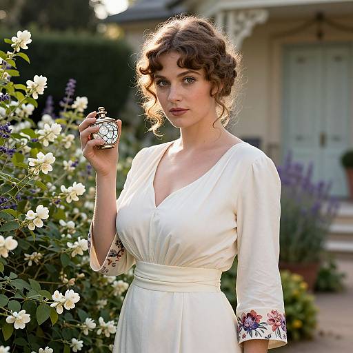 Photograph of a fair-skinned woman with curly brown hair in a white dress, holding a mosaic ring amidst blooming flowers.