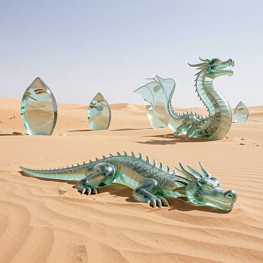 Digital illustration of three glass-like, metallic dragons with translucent wings in a bright, sandy desert with crystal eggs in the background.