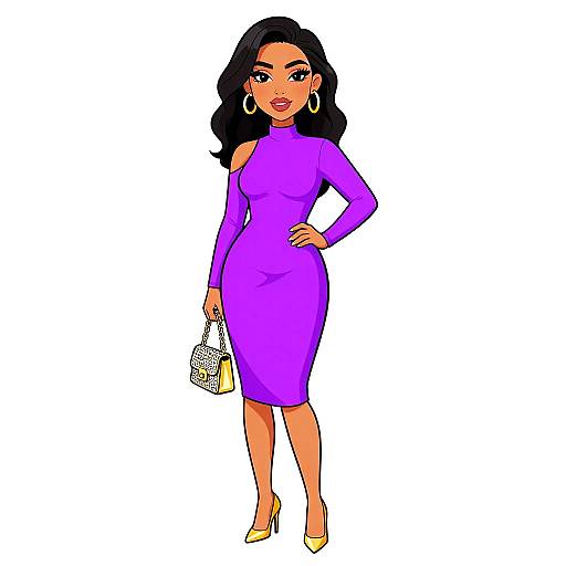 Digital illustration of a curvy woman with dark hair, wearing a form-fitting purple dress, yellow high heels, large hoop earrings, and holding a