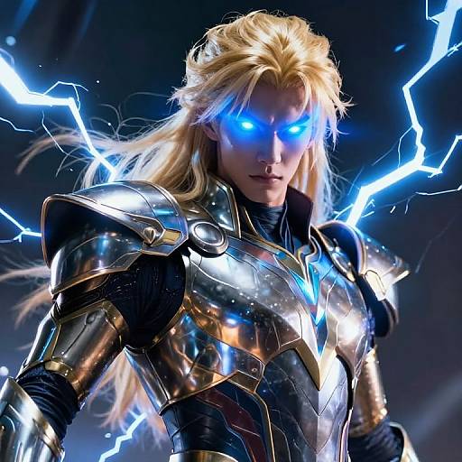 CGI image of a blonde, blue-eyed warrior with glowing eyes and electric blue lightning bolts in the background, wearing shiny, reflective silver armor.