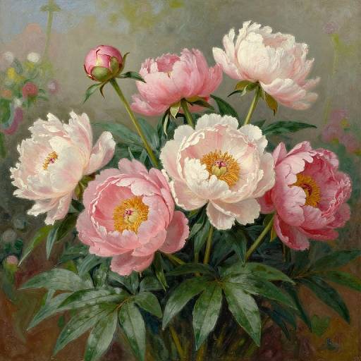 Photorealistic painting of pink and white peonies with lush green leaves, showcasing detailed petals and vibrant yellow centers, set against a softly blurred garden