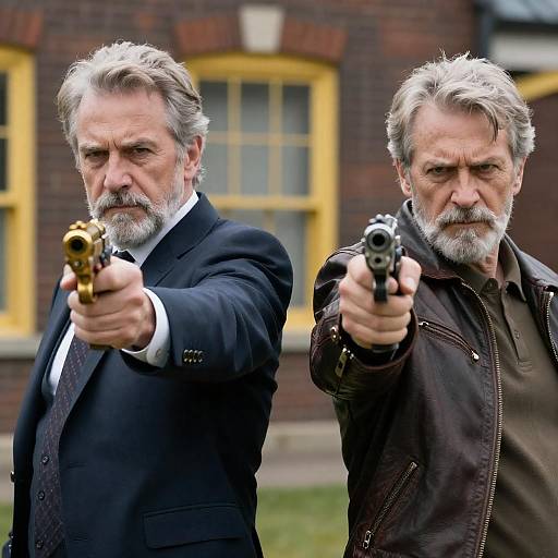 Two Older Men Aiming Vintage Handguns
