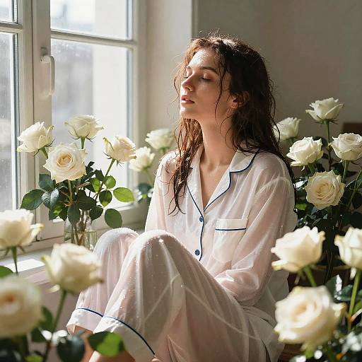 Photograph of a young woman with long brown hair, wearing white, semi-sheer pajamas, sitting by a sunlit window surrounded by white