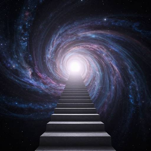 Digital artwork of a staircase leading to a bright white light in a swirling, colorful galaxy background with stars.