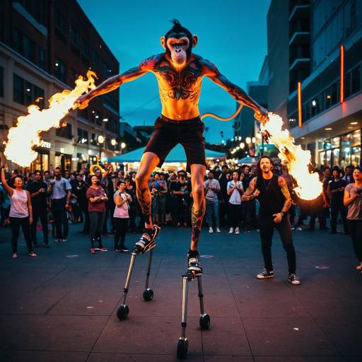 Fire Performer on Stilts in Urban Plaza Fire Performer on Stilts in Urban Plaza