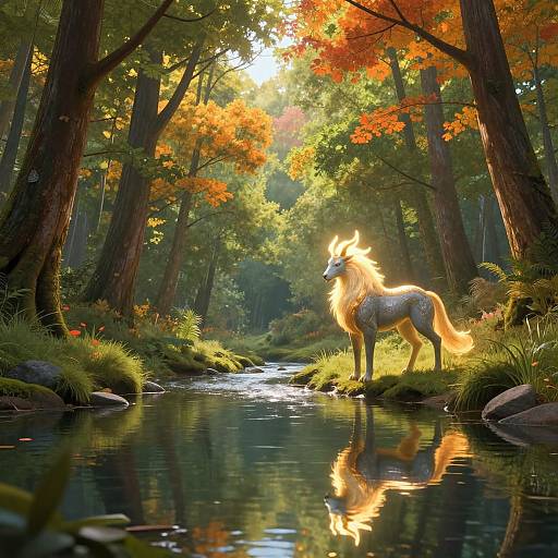 Digital painting of a glowing, golden-furred wolf standing in a sunlit forest stream, surrounded by autumnal trees with vibrant orange leaves, reflecting in