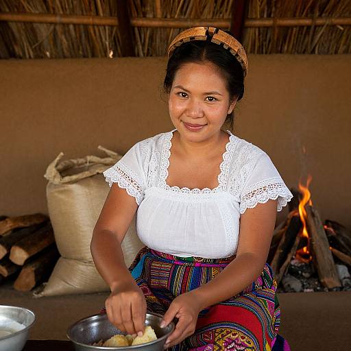 Photograph of smiling woman with dark hair, wearing white lace blouse and colorful, patterned skirt, stirring food in bowl, indoors by fireplace, straw