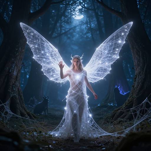Photograph of a glowing fairy woman with luminous, star-patterned wings, dressed in a translucent, white, spiderweb-like gown, standing in
